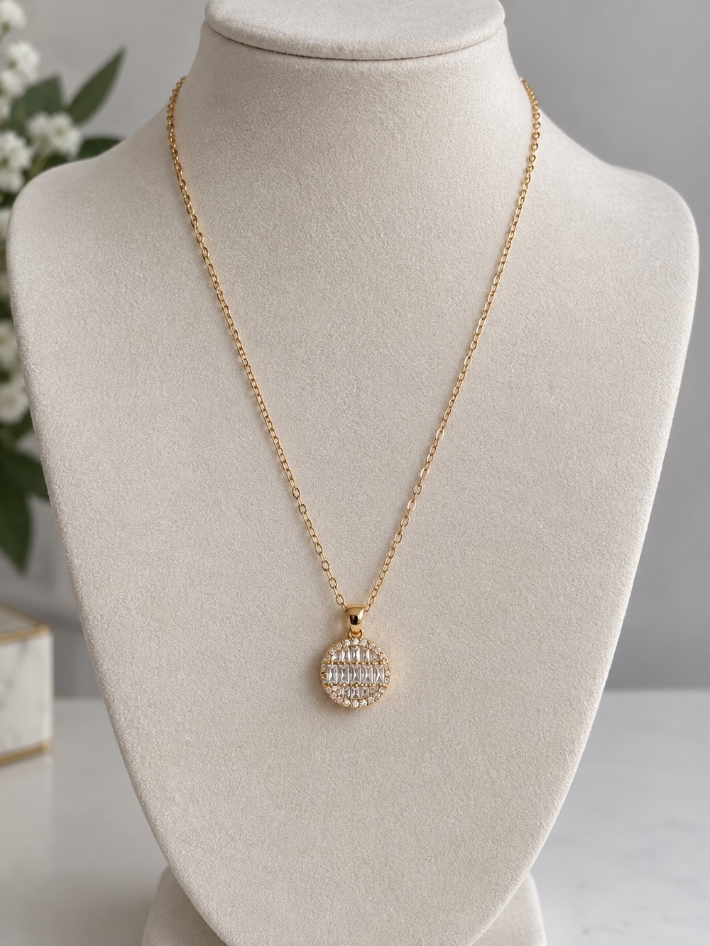 Gold Round CZ Disc Pendant Necklace Stainless Steel Minimalist Jewelry